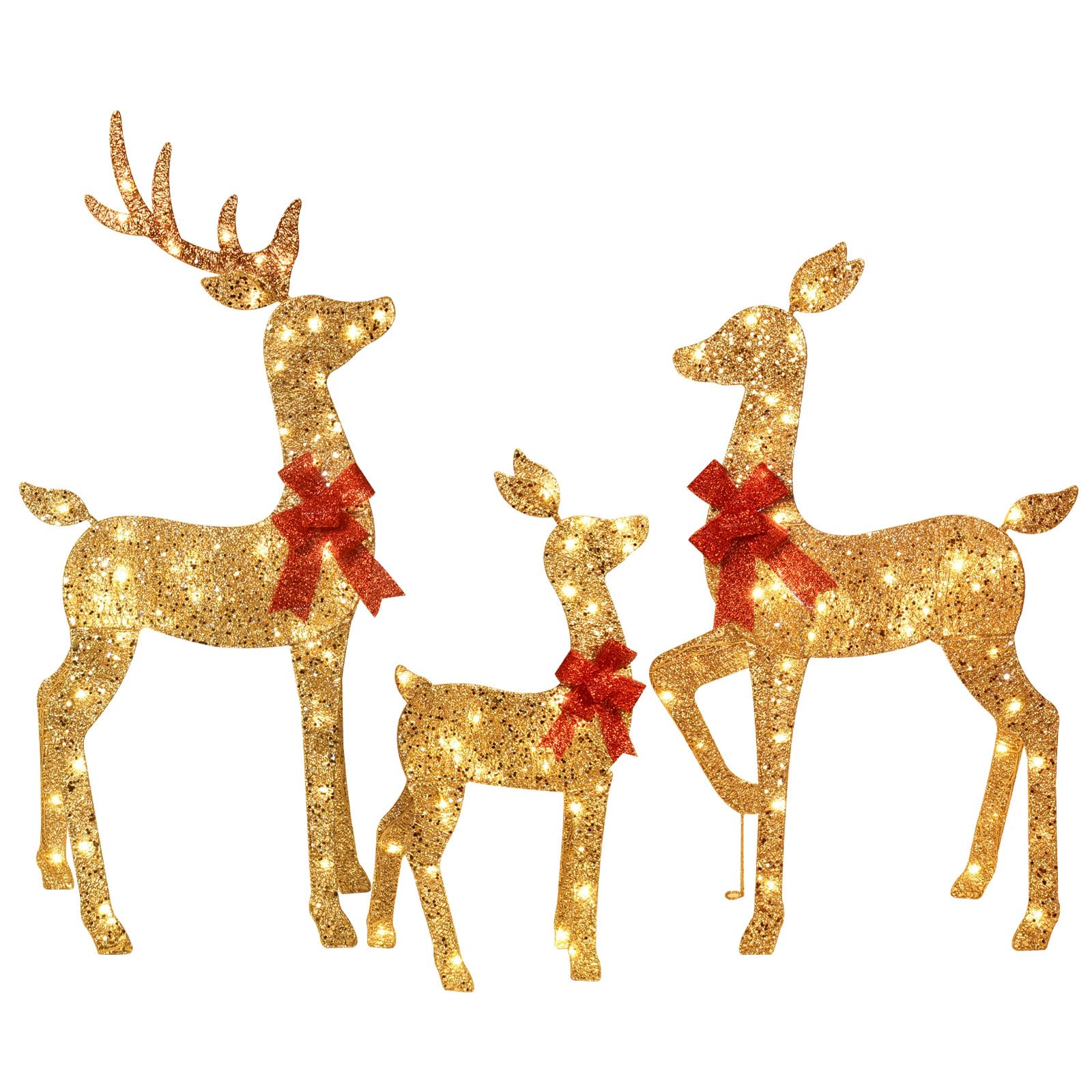 Photo 1 of 3-Piece 2D Lighted Christmas Deer Family Set - HOYECHI Large Outdoor Yard Reindeer Holiday Decoration with 145 LED Lights, Stakes, Zip Ties - Gold