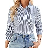 IBAOTORONI Women’s Striped Button Down Shirt Cotton Long Sleeve Collared Casual Work Stripe Blouse Tops with Pocket