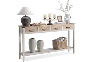 RUSTOWN Farmhouse Console Table with 4 Drawer, 60" Long Rustic Entryway Table with Open Storage Shelves and Handmade Metal Handle, Narrow Foyer Sofa Table for Living Room, Entryway, Hallway(White)