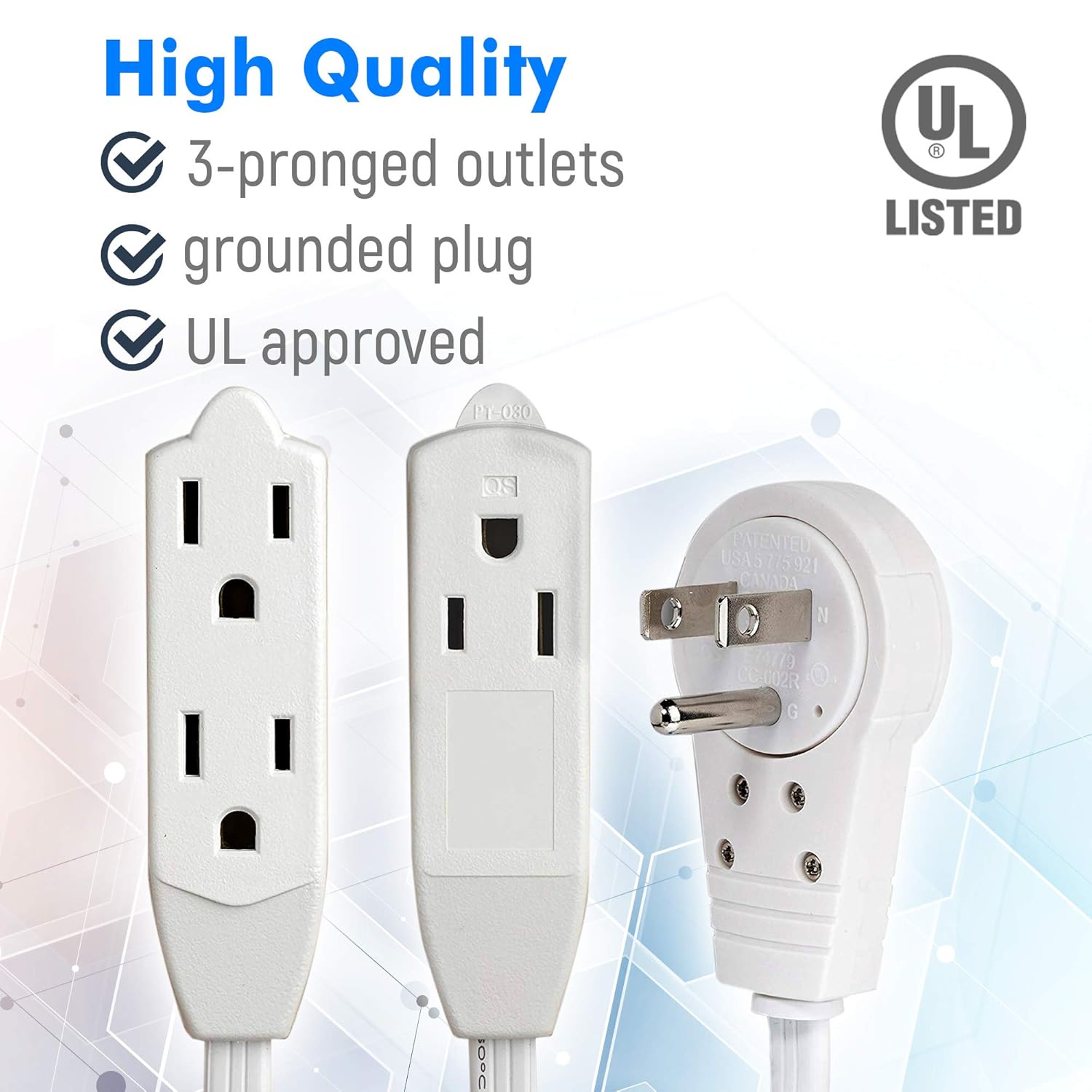 Maximm Cable 3 Ft 360° Rotating Flat Plug Extension Cord/Wire, 16 AWG