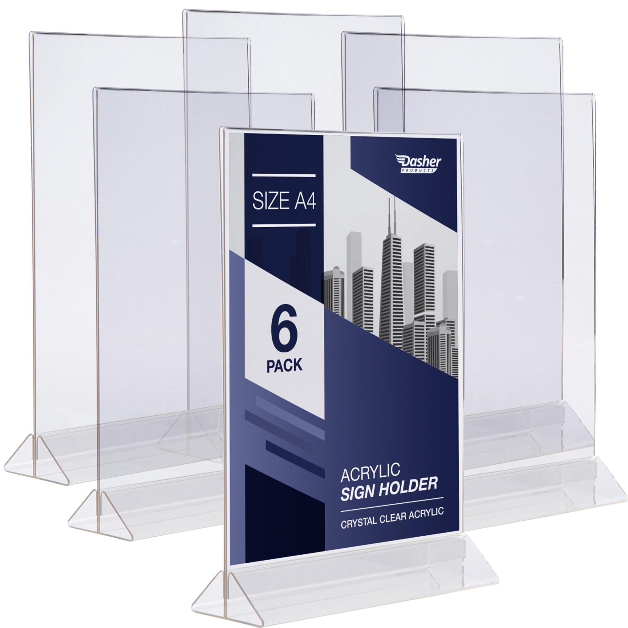 Acrylic Sign Holder A4 - T Shape Double Sided Frame Holder with Easy Bottom Loading Design, Portrait Style Menu Ad Display, Plastic Sign Frames for Flyer, Menu, Display, Photos, and More (A4 - 6 Pack)