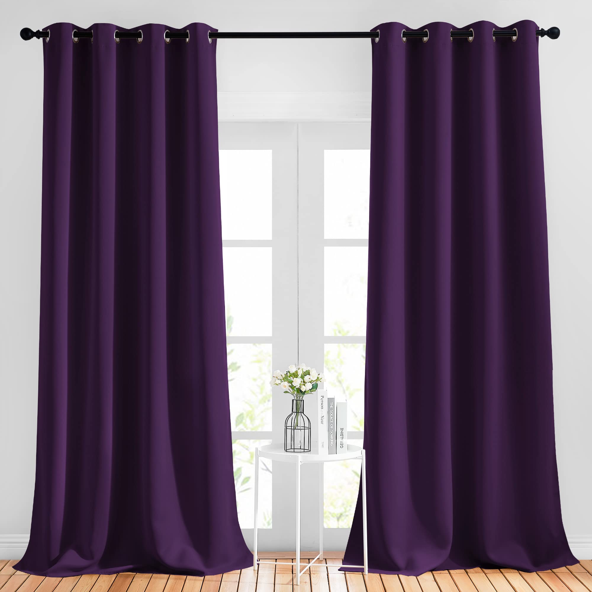 NICETOWN Thick Blackout Curtain and Drapes - (52 x 120, Royal Purple, Pack of 2) Thermal Insulated Grommet Top Window Draperies for Bedroom, Block Out Light Curtain Panel Image