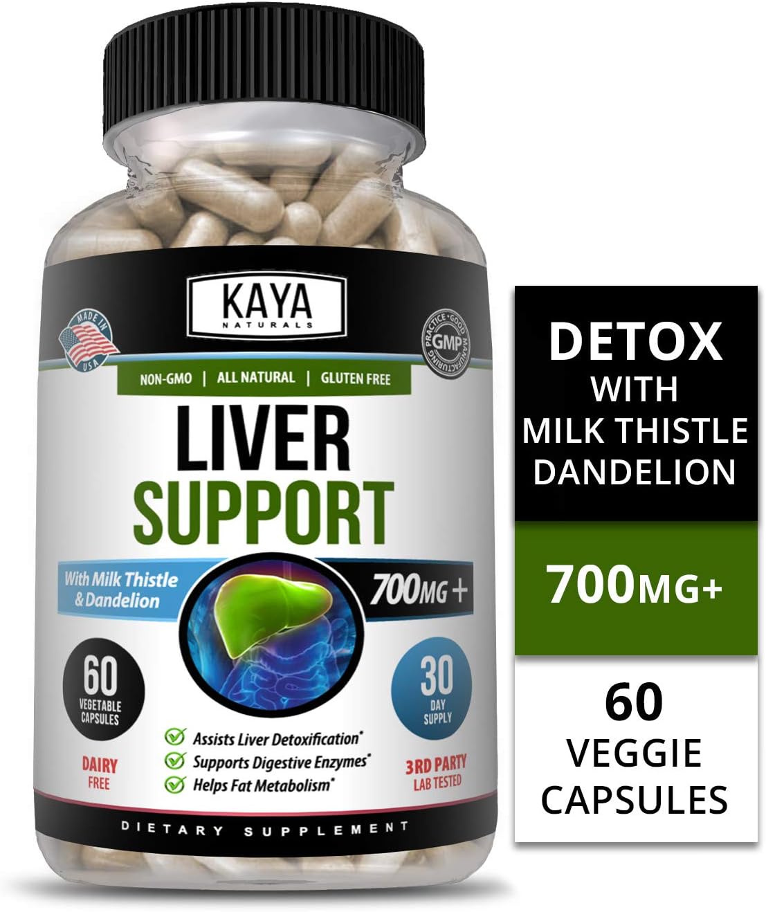 Kaya Naturals Liver Support Vegetarian Capsules, 60 Count, Cleanse, Detox & Repair Formula with 22 Herbs Including MilkThistle Extracts, Beet, Artichoke, Dandelion, Chicory Root (60 Capsules)