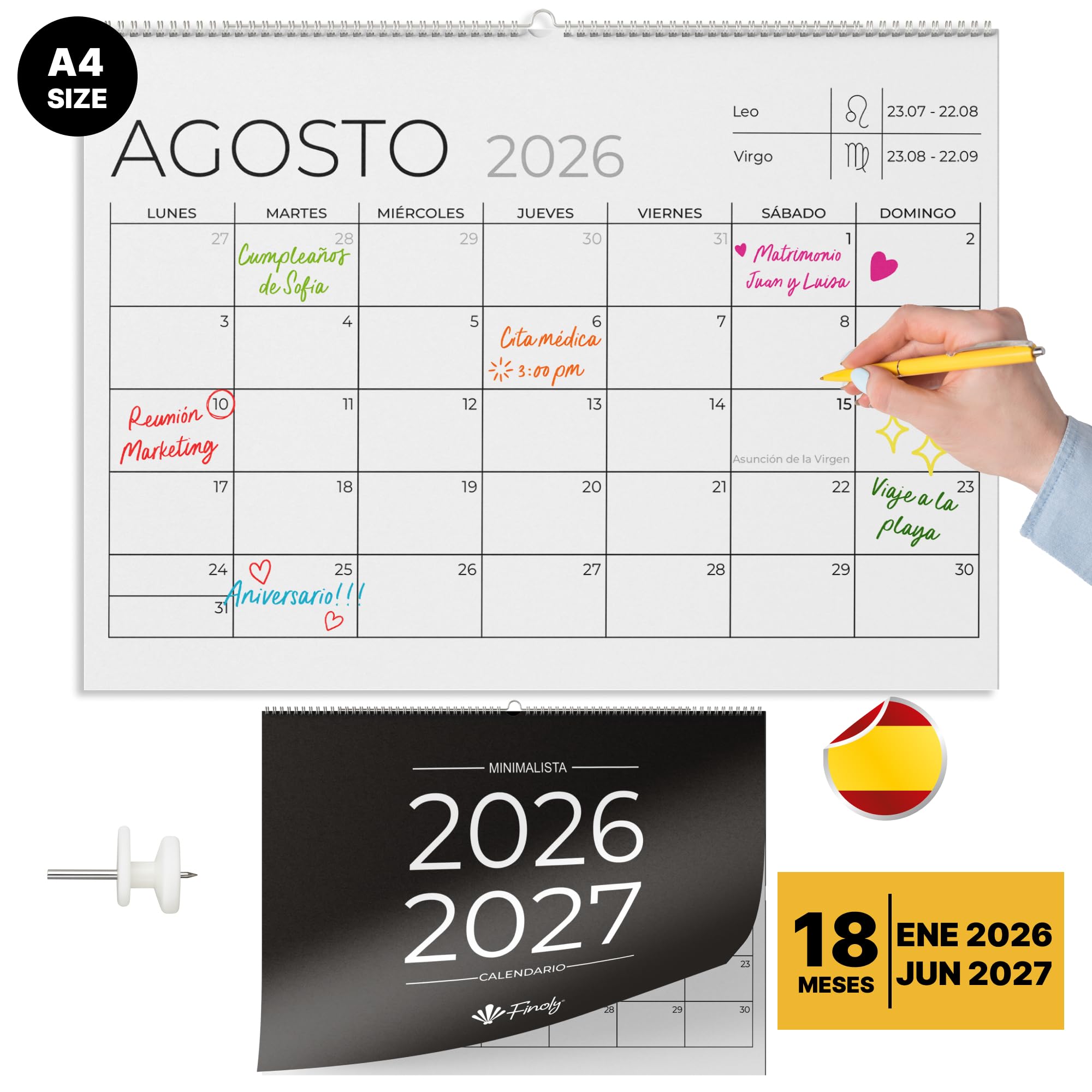 Finoly Wall Calendar 2026 January 2026 – June 2027 (18 Months) | Monthly Calendar 2026 | Wall Calendar 2026 | 2026 Almanac with Easy Hanging