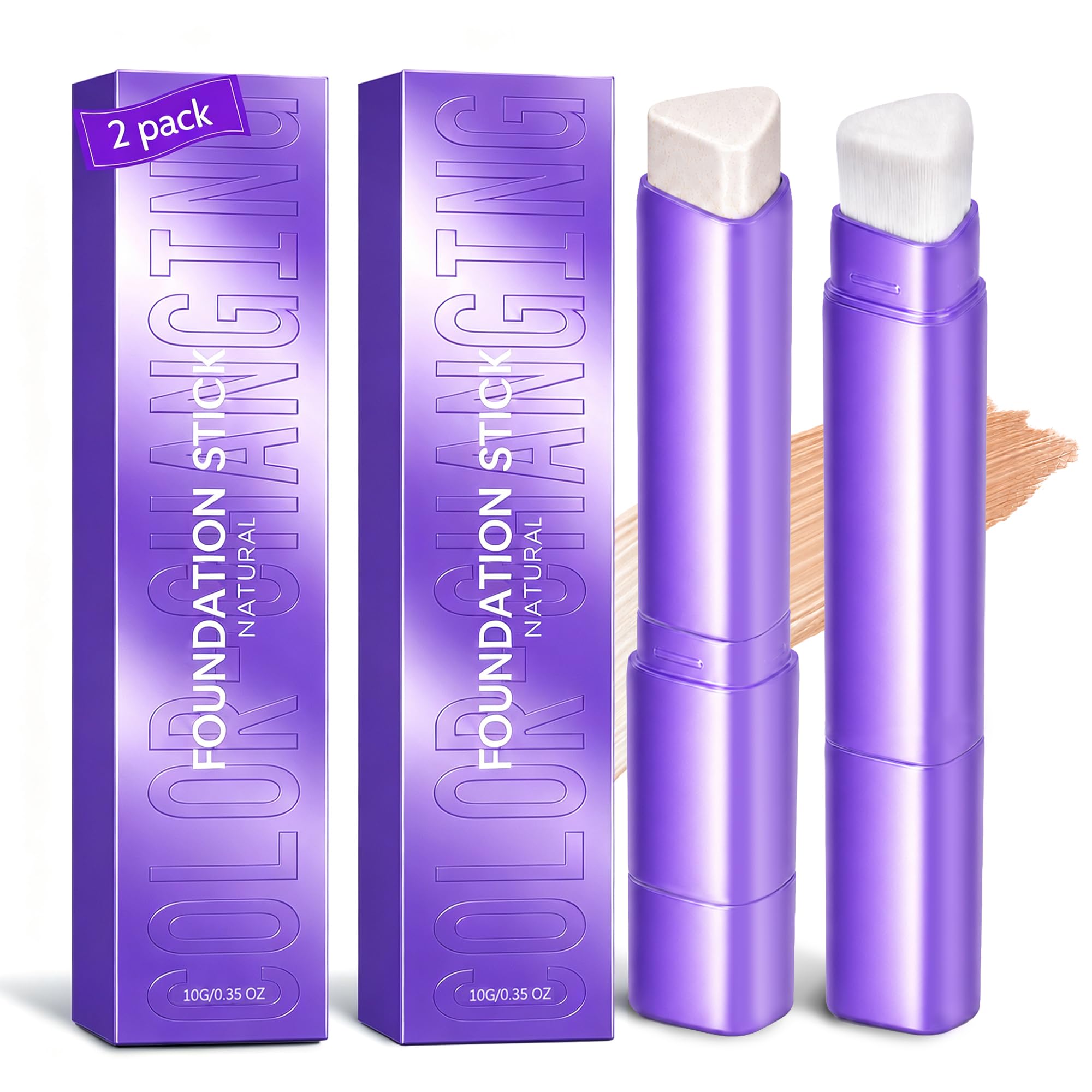 2Pcs Face Love Foundation Stick,2-in-1 Color Changing Foundation Stick with Brush – Natural Finish, Buildable Coverage, Moist