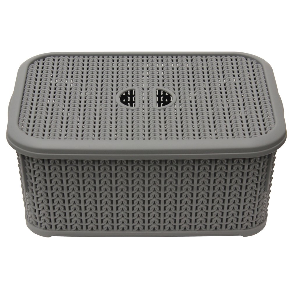 JVL Knit Design Loop Plastic Lidded Rectangular Storage Basket with Handles - 6 Litres, Grey