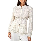HERYEA Women's Band Collar Lace Floral Button Blouse Waist-Tailored Long Sleeve Casual Top