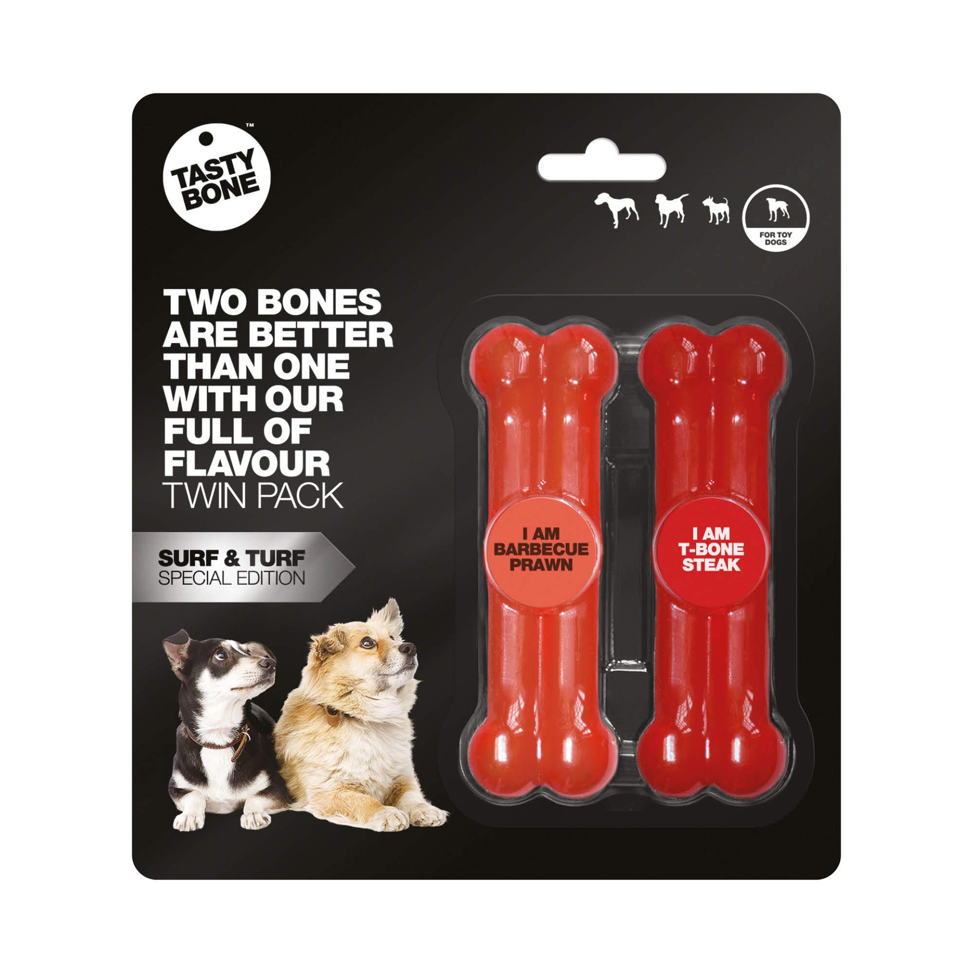 TastyBone Twin Pack Nylon Dog Chew Toys for Toy Dogs (BBQ Prawn & T-Bone Steak) - Indestructible for Aggressive Chewers, Everlasting Flavour, Strong Healthy Teeth, Made in the UK