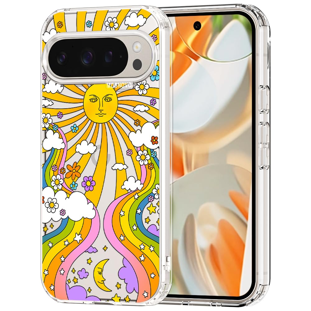 MOSNOVO Case for Google Pixel 9 Pro XL, [Buffertech 6.6ft Military-Grade Drop Protection] [Anti Peel Off Tech] Clear TPU Bumper Phone Case Cover Design - 70's Psychedelic Groovy Art