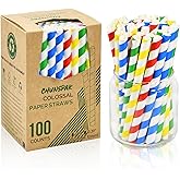 [10mm Wide] Chunspak 6" Short Fat Colorful Striped Paper Drinking Straws Disposable 100 Counts for Smoothie, Milkshakes, Thick Drinks - Biodegradable