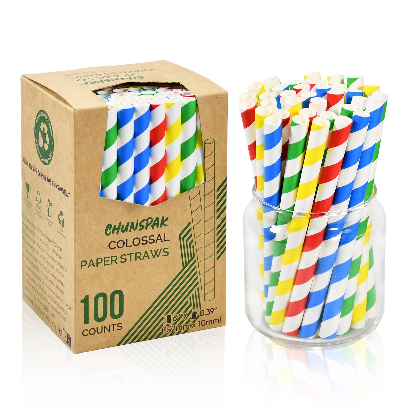 Photo 1 of [10mm Wide] Chunspak 6" Short Fat Colorful Striped Paper Drinking Straws Disposable 100 Counts for Smoothie, Milkshakes, Thick Drinks - Biodegradable