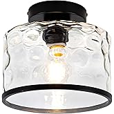Zlepmlla Glass Ceiling Light, Black Semi Flush Mount with Hammered Glass Shade, Farmhouse Light Fixture for Hallway, Bathroom