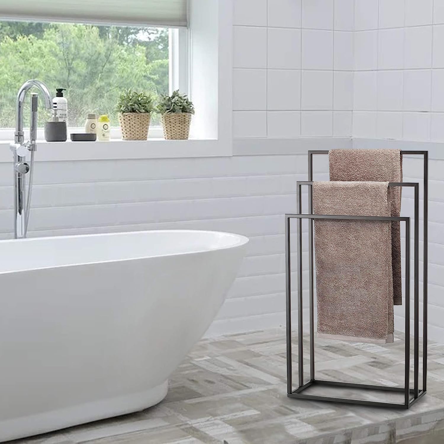 Smartpeas Handtuchhalter Stehend - Handtuchständer Schwarz Aus Rostfreiem Pulverbeschichtetem Stahl - Mit 3 Handtuchstangen - Plus: Edelstahl Klebehaken