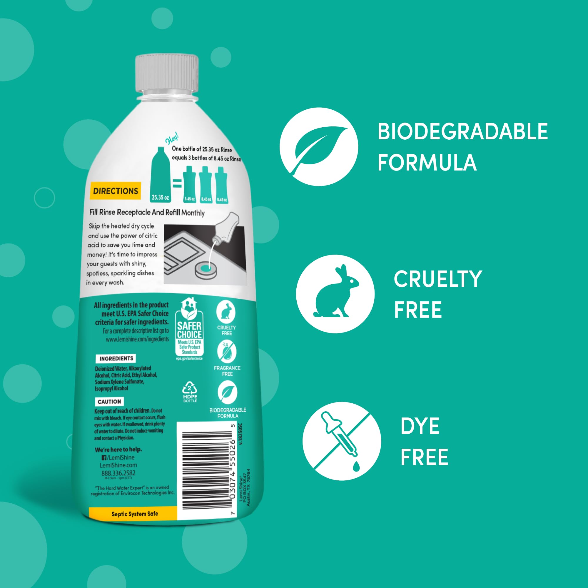 Lemi Shine Shine and Dry Natural Dishwasher Rinse Aid - Hard Water Stain Remover - 25.35 fl oz