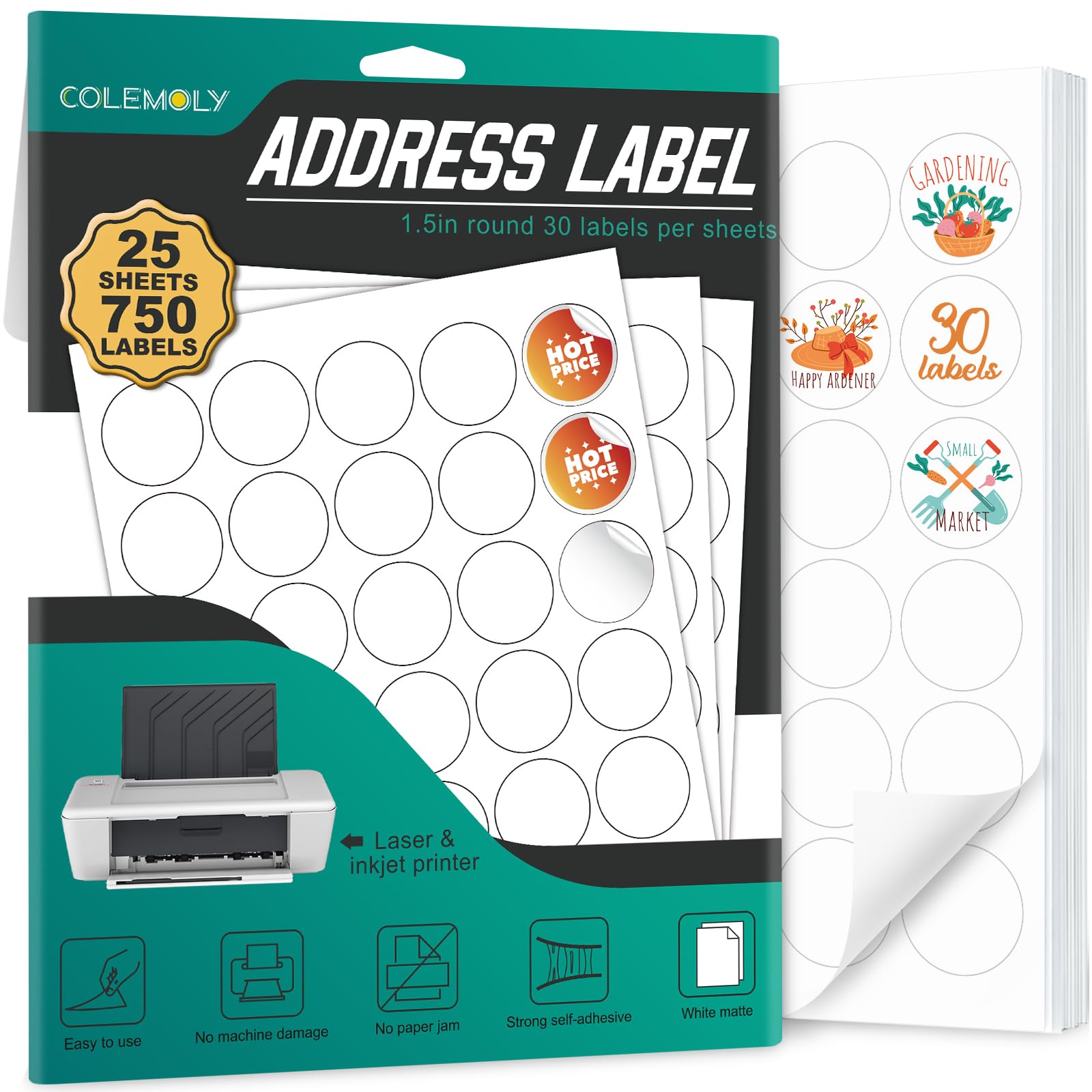 Photo 1 of Address Labels 1-1/2” Round for Laser and Inkjet Printers - 25 Sheets, 30 Labels Per Sheet 750 Blank Matte White Sticker Paper for Organization, Labeling, Inventory Management, Product Branding
