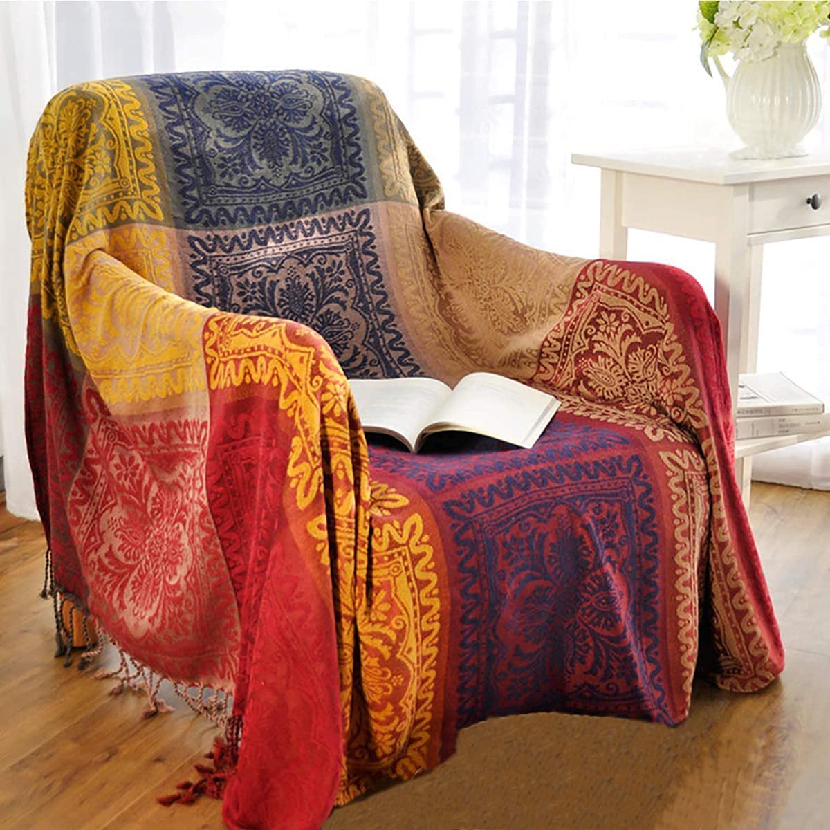 VANJOROY Bohemian Large Sofa Large Throw Blanket with Tassels for 2 3 Seater Settees, 100% Chenille Multi-function Soft Luxury Throw for Couch, Rug and Bed -150×190CM Red — image 1