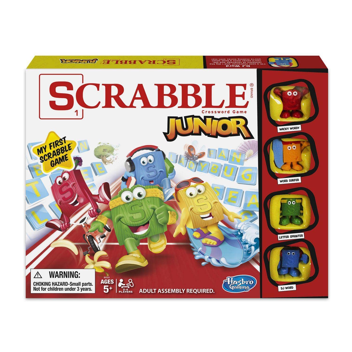 Hasbro Gaming Scrabble Jr. Board Game, Ages 5 and Up, 2-4 Players, Includes 1 Double-sided Gameboard, 4 Tokens, 105 Letter Tiles, and Game Guide