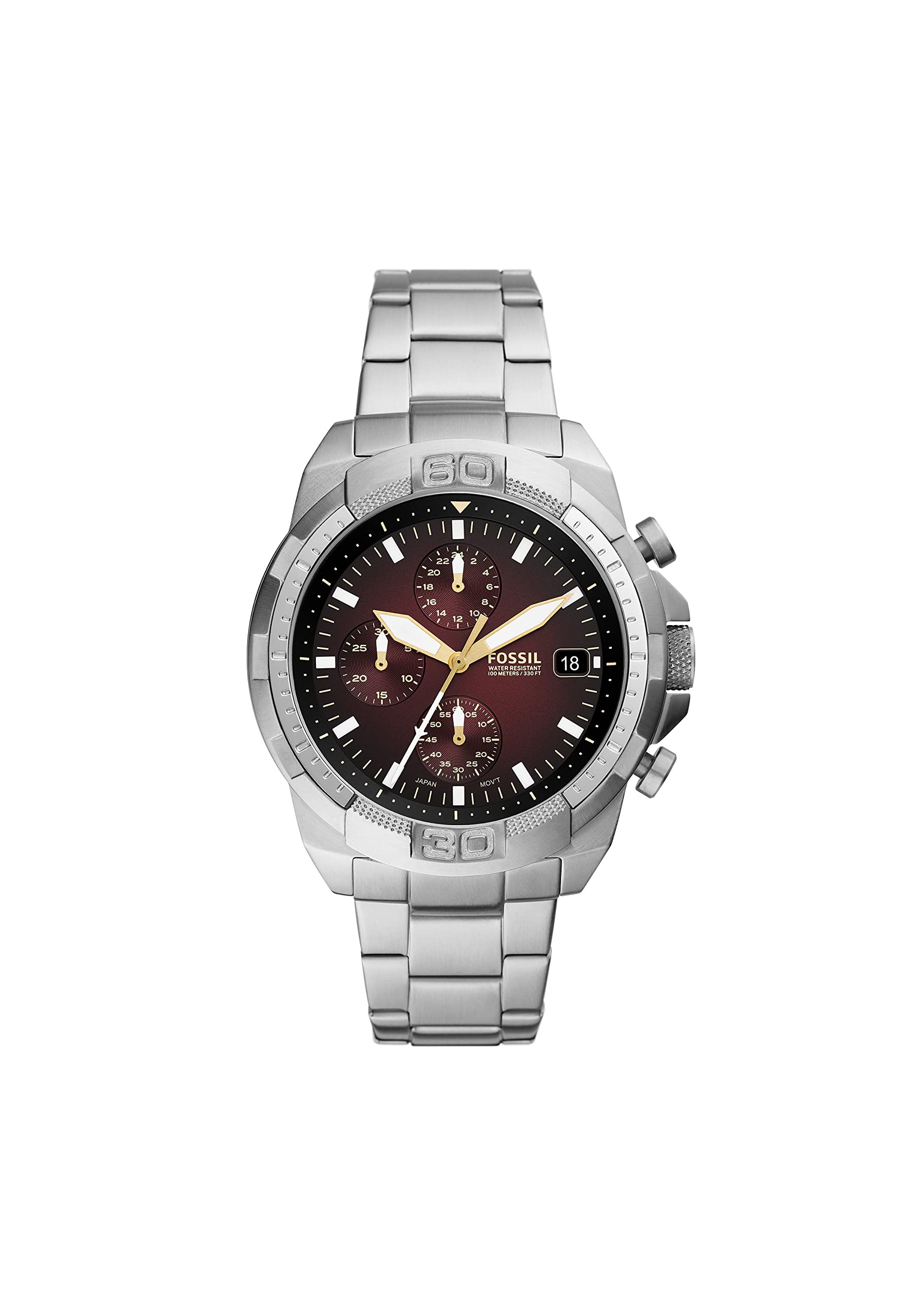 FOSSIL Bronson Watch for Men, Chronograph Movement with Leather or Stainless Steel Strap,Silver Tone,44 mm