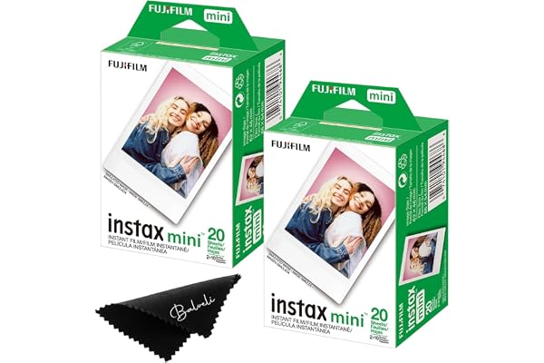Fujifilm Instax Mini Film Two Instant Film Twin Packs - 40 EXP Total, ISO 800, Compatible to Mini Evo, Mini 40, 12, 11, 9, Bundeld with Premium Balveli Microfiber Cloth