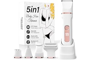 HOHOLE Bikini Trimmer for Women,5-in-1 Electric Razors for Women,Electric Shaver for Women's,IPX7 Waterproof Trimmer for Men Legs,with 5 Replaceable Blade Heads,USB Recharge Dock（White）