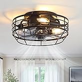 Farmhouse Caged Ceiling Fan with Light, Bladeless Flush Mount Fan Lights Ceiling Fixtures with Remote, 12 in 6 Speeds Ceiling