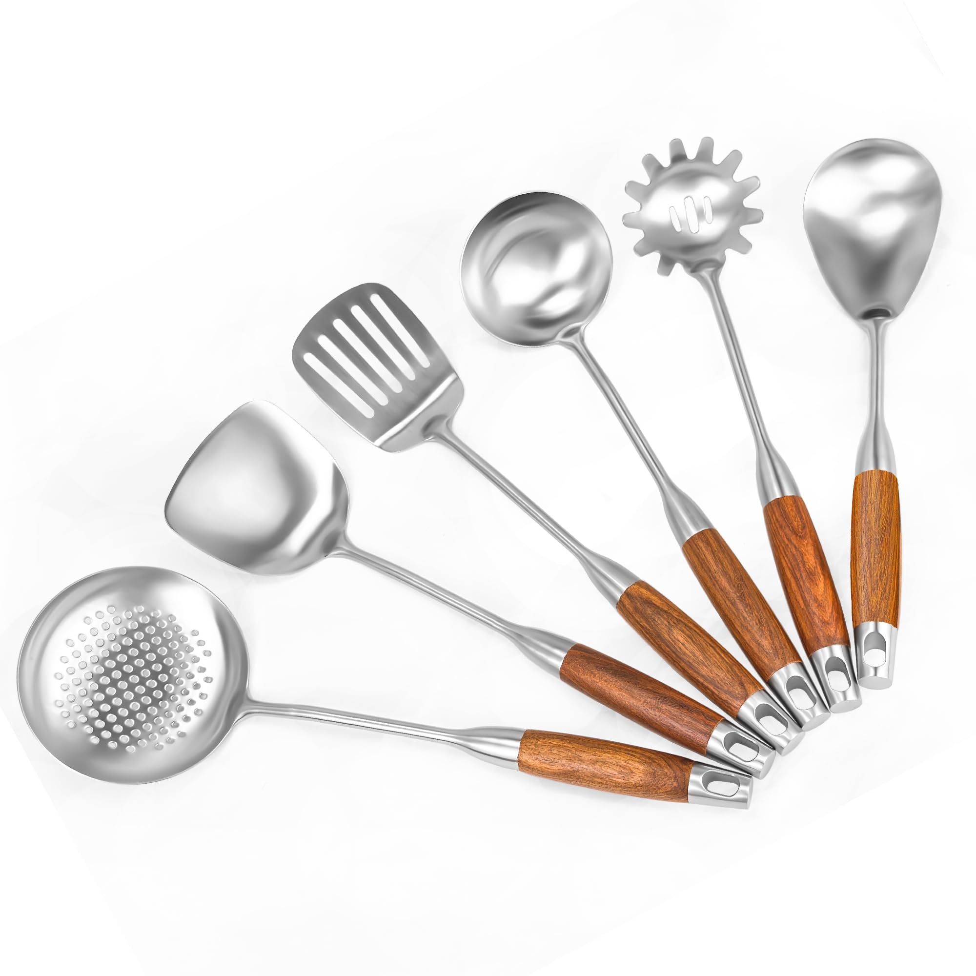 Photo 1 of 18/10 Stainless Steel Kitchen Utensils Set 6 Pcs Cooking Utensil with Wood Handle, 15.5” Long Spatula, Soup spoon, Leaking shovel, Spaghetti Spoon Kitchen Tools Set (Wood handle - 6 Piece)