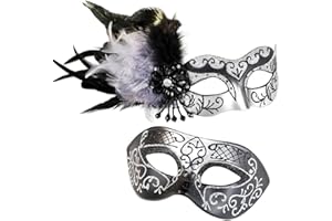 MYSEUNI Silver Masquerade Mask for Couples -Masquerade Mask for Women with Feathers & Venetian Half Mask Halloween for Masquerade Party, Mardi Gras, Halloween Cosplay Prom, Christmas