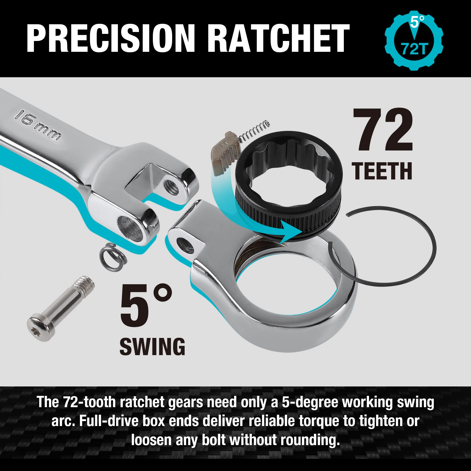 DURATECH Gelenk-Ratschenschlüssel Set, 12-teilig, 8-19 mm, Gabelschlüssel Ringmaulschlüssel Ring-Satz, mit 72 Zähnen, 5° Schwenkbereich, Chrom-Vanadium-Stahl, inkl. Rolltasche 5