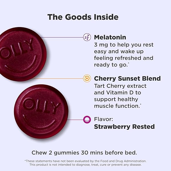 OLLY MUSCLE RECOVERY SLEEP GUMMIES, SLEEP AND SORE MUSCLE SUPPORT, 3MG MELATONIN, TART CHERRY, VITAMIN D, BERRY FLAVOR – 40 COUNT