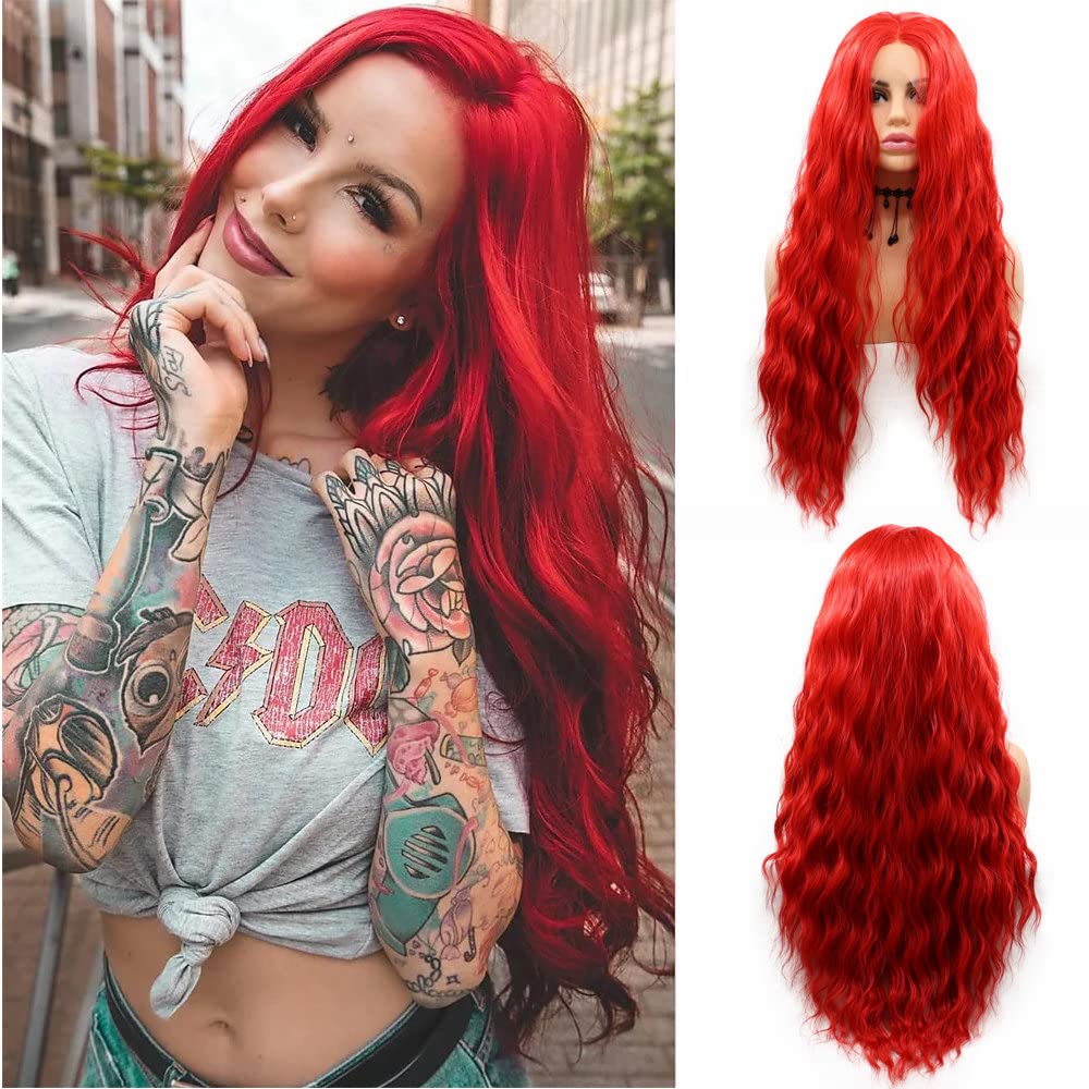 SereneWig Mermaid Red Wig Long Water Wave Bright Red Synthetic Lace Front Wigs for Women Cosplay Halloween Party Wig Heat Resistant Hot Ruby Drag Queen Wigs 24Inches