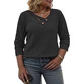 VISLILY Womens-Plus-Size-Tops Trendy V Neck Casual Long Sleeve Shirts Lightweight Knit Sweaters Button Decor Tunics Blouses