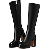 EQAUDES Knee High Boots Platform Leather Chunky Heel Fall Boot for Women 2025 Square Toe Side Zipper