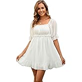 DUKAKII Women's Summer Dress Boho Short Sleeve Mini Dresses Square Neck Ruffle Mini Beach Dresses