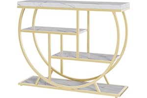 LALFPET Modern Console Table 39" – 4-Tier Narrow Entryway Table with Storage Shelves, Sturdy Metal Geometric Frame, Rustic Wo