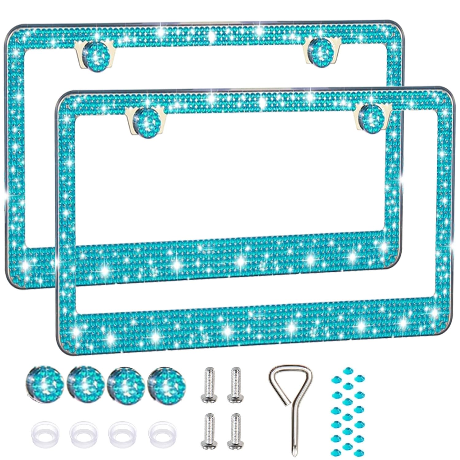 Photo 1 of 2 Pack License Plate Frames for Women, Sparkly Rhinestone Diamond Car Accessories with Glitter Crystal Caps (Blue?2PCS?)