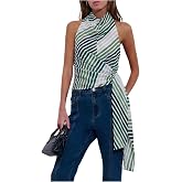 RoseSeek Women's Striped Cowl Neck Halter Top Wrap Open Back Going Out Tops | Sleeveless Cowl Neck Tops, Tie Waist Top, Tie Neck High Neck Halter, Colorful Halter Top