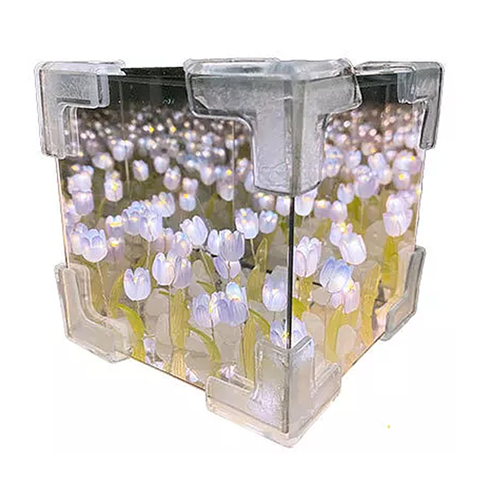 20 Flowers Tulips Night Light,Cube Tulips Flower Desk Lamp,Handmade Square Tulips Table Lamp Desktop Decoration, Bedside Lamp,Handmade DIY Magic Flower Table Lamp and Mirror 2 in 1 (Purple, 12cm)