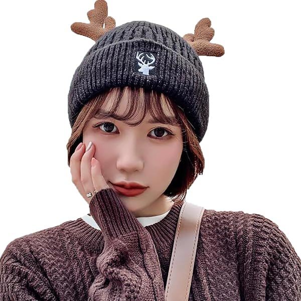 Bonnet De Noël Renne En Laine - Bonnet Chaud à Cornes Pour Adultes (Rouge, Taille Unique)