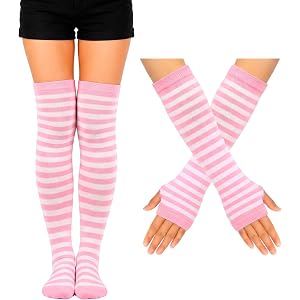 BAOKELAN Striped Knee High Socks for Women Over Knee Socks and Fingerless Gloves Set