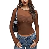 REORIA Womens 2025 Lace Long Sleeve Tops Sexy Mesh Sheer Y2k V Neck Shirts See Through Blouses