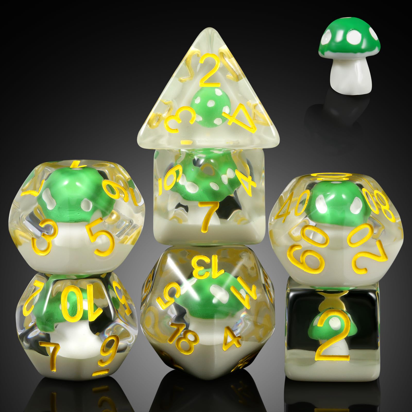 Mushrooms D&D Dice, DNDND 7PCS Resin DND Dice with Velvet Bag for Dungeons and Dragons Role Playing Games and Tabletop Games（Green Mushrooms — image 1