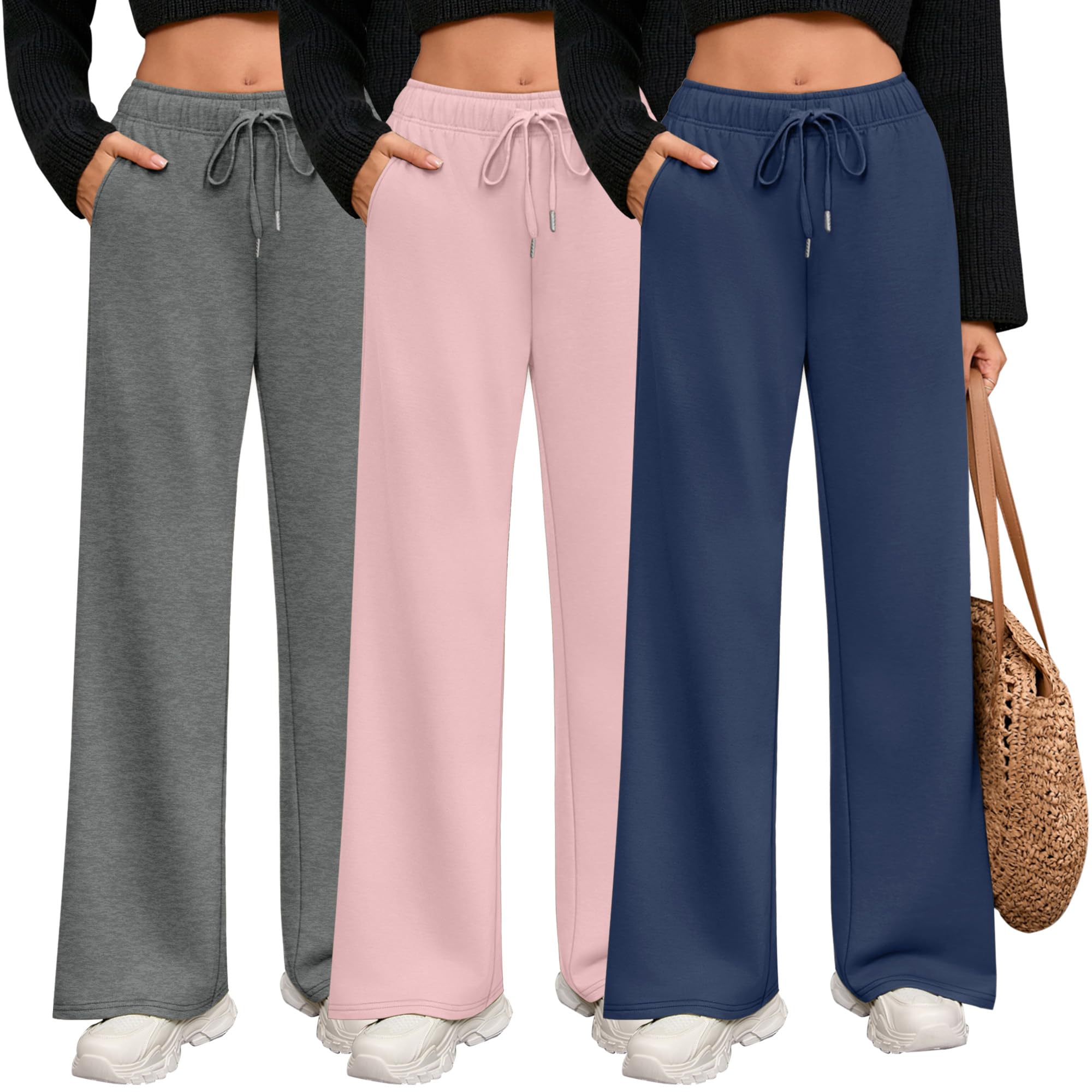 Photo 1 of ***ONLY TWO PANTS*****Riyiper 3 Pack Women Wide Leg Sweatpants Drawstring Straight Pants Elastic Waist Joggers Open Bottom Sweatpants with Pockets(Haze Blue, Light Pink, Dark Gray,M)