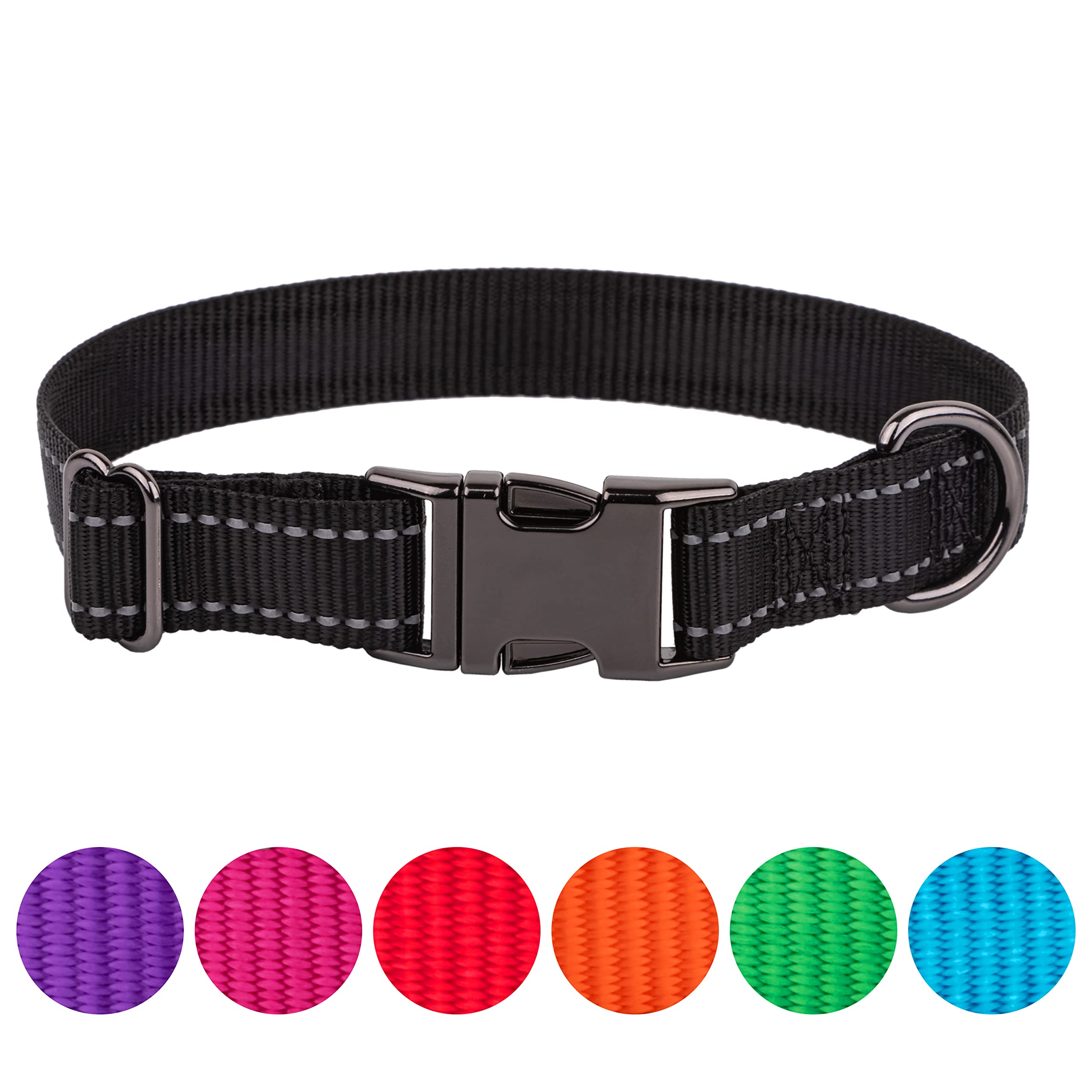 FAVPET Reflective Dog Collar Nylon, Adjustable Dog Collar with Metal Buckle, Dog Collar Large Dogs Reflective, Nylon Dog Collar Medium, Soft Dog Collar Small Dog, Coloured Puppy Collars (L, Black)