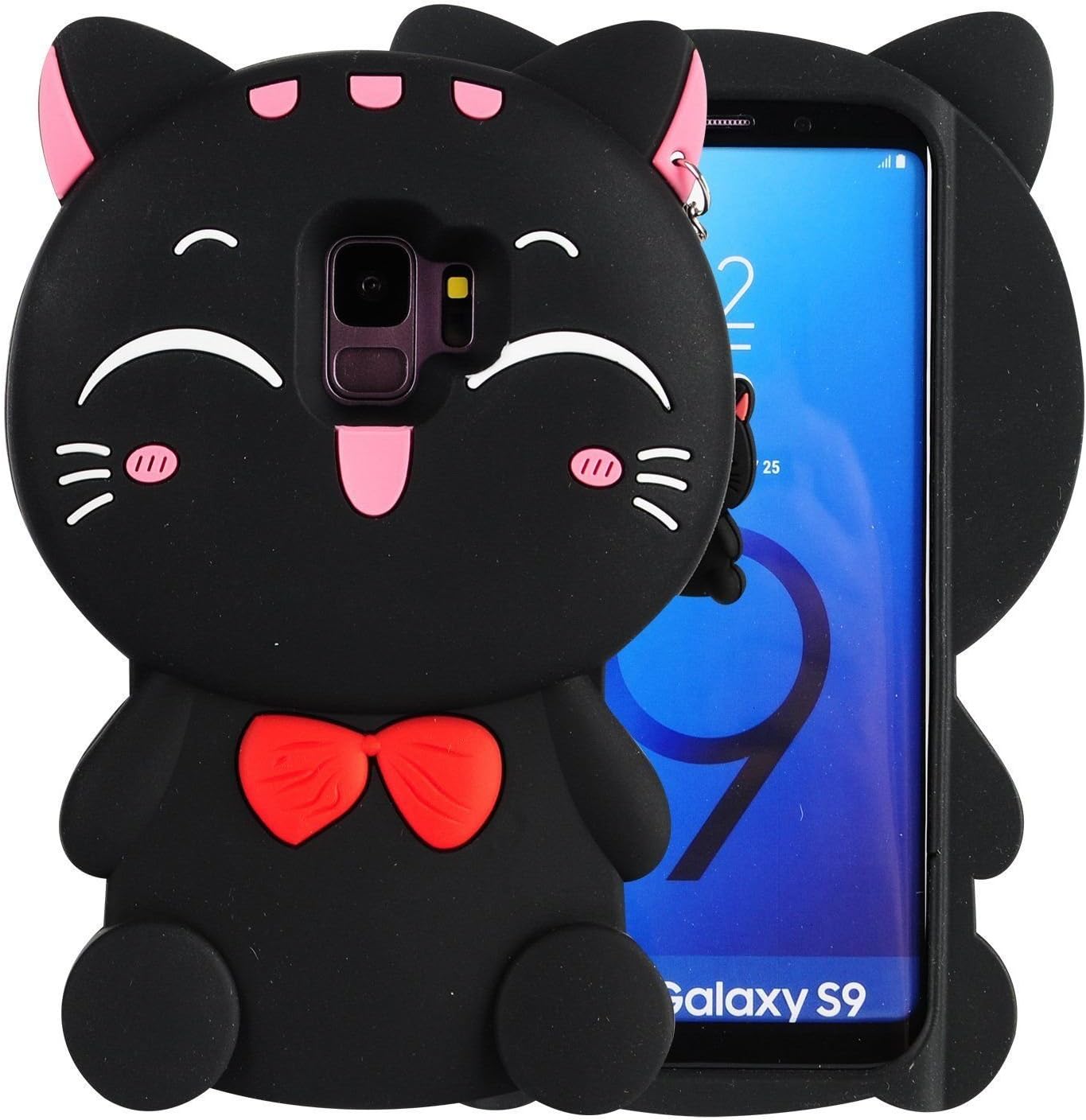 Liangxuer Black Lucky Cat for Samsung Galaxy S9,Soft 3D Silicone Case,Cute Animal Rubber Cover,Cool Kawaii Cartoon Gel Cases for Girls Kids.Fun Unique Character Skin Protector Shell for S9