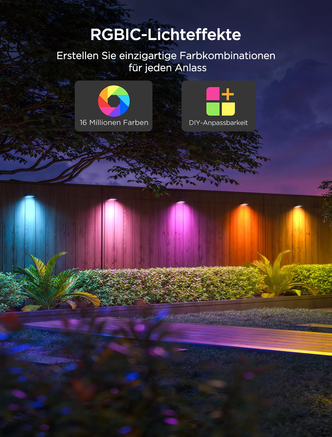 Govee Wandleuchte Aussen, RGBWIC, 180lm mit 4000K Smartes Weißlicht, Musik-Sync und über 60 Szenenmodi, IP65 wasserdicht für Garten, Zaun, funktioniert mit Alexa und Matter, Google Assistant, 6er-Pack 2