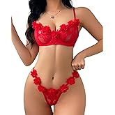 Cusghjbsg Women 2 Pieces Valentine's Day Lingerie Nightwear Set Solid Color Lace Flower Sleeveless Bra Low Waist Thong Suit