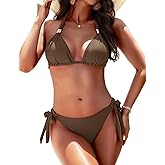 Dazosue Women Two Piece Bikini Swimsuits Gold Metal Halter Triangle Bathing Suits Cheeky String Bikini Sets