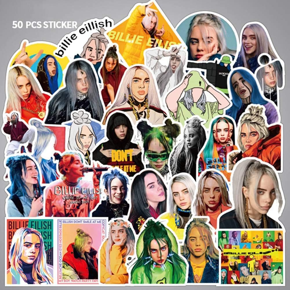 kikoo Billie Eilish Creative Stickers, 50/100pcs PVC Guitar Travel Case Sticker Door Bicycle Stickers (H04-50pcs)