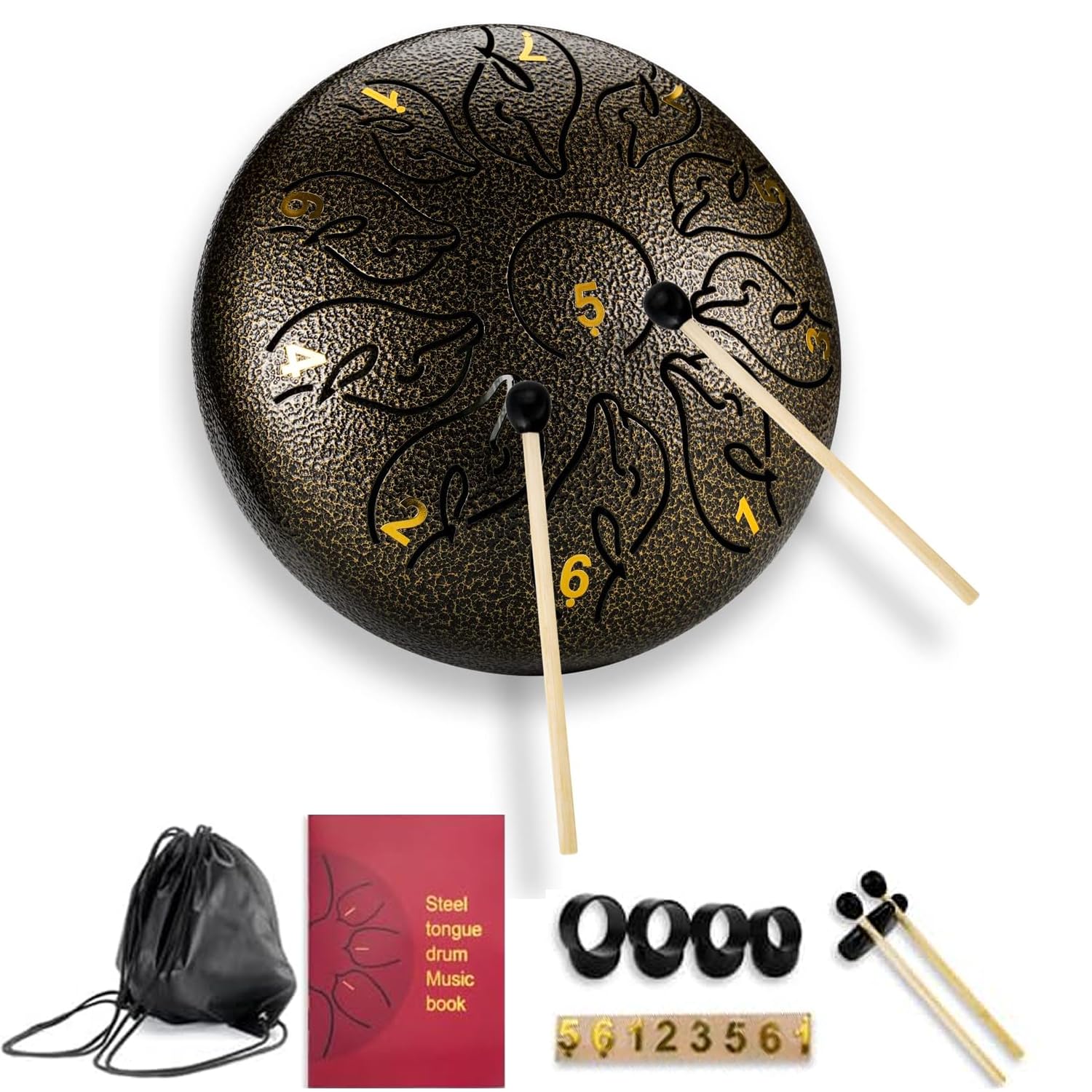 Tongue Drum, 11 Notes, 6 Inches, Tongue Drum, Carbon Steel Drum, Portable Essential Drum with Bag, Notes, Finger Pick and Beater for Meditation, Yoga, Sound Healing, Bronze