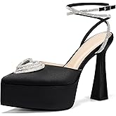 Coutgo Womens Platform High Chunky Heels Rhinestone Triple Heart Pointed Toe Ankle Strap Party Wedding Dress Pumps Shoes